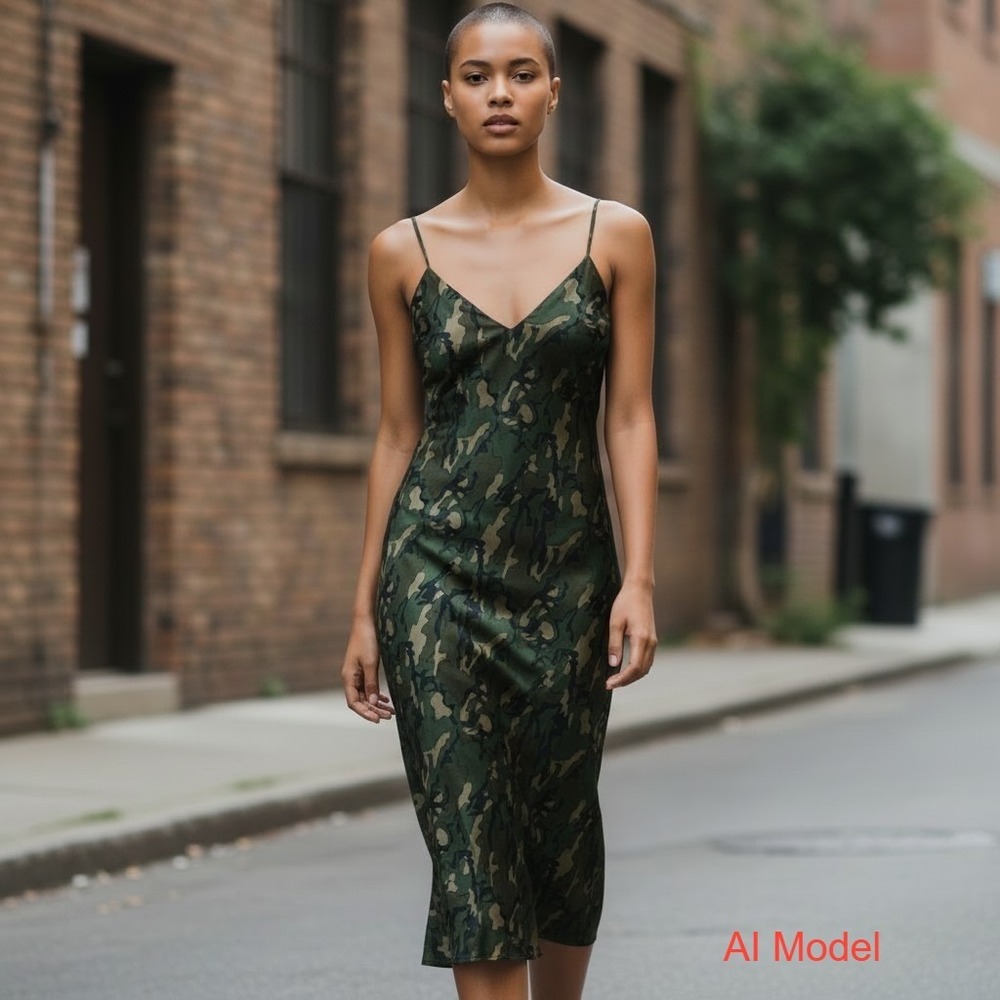 Matte Satin Green Camo Slip Midi Dress L Grunge Streetwear Edgy Festival Layer